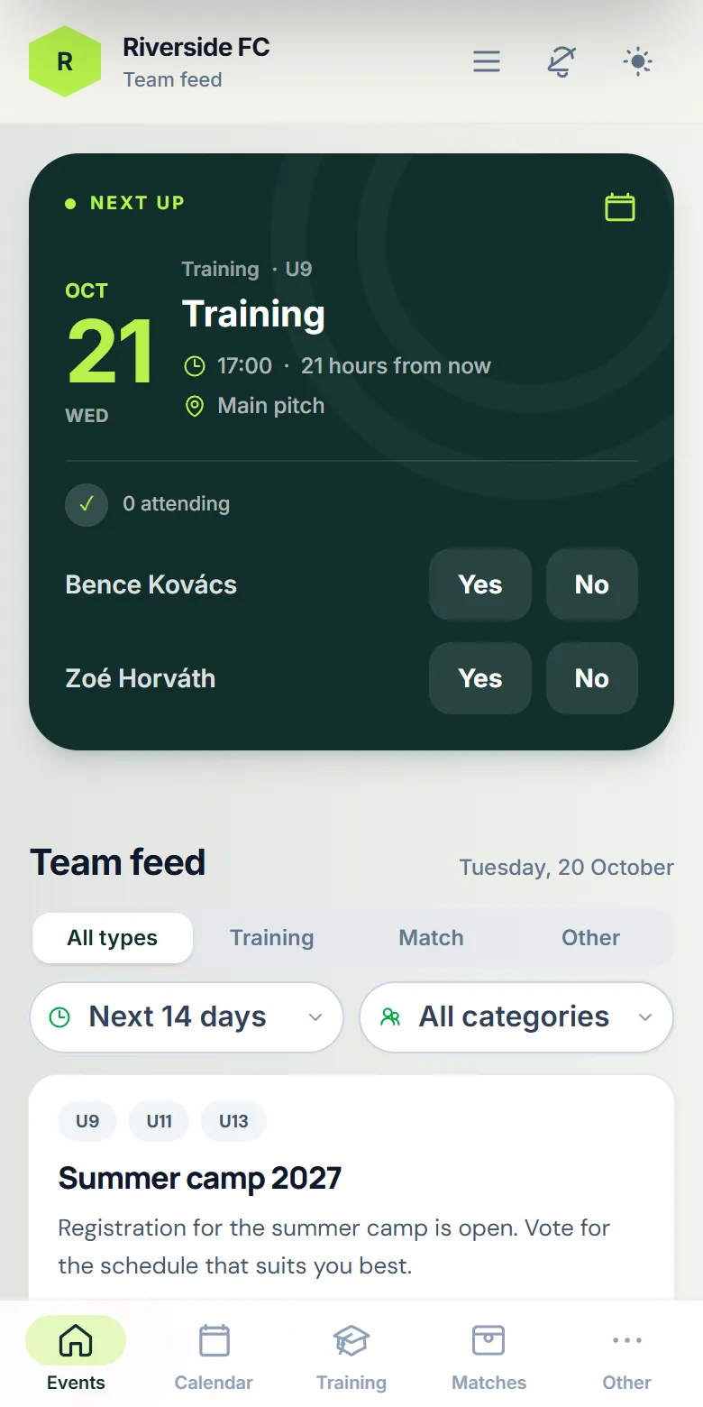 A football club’s feed with the next training and quick yes/no answers