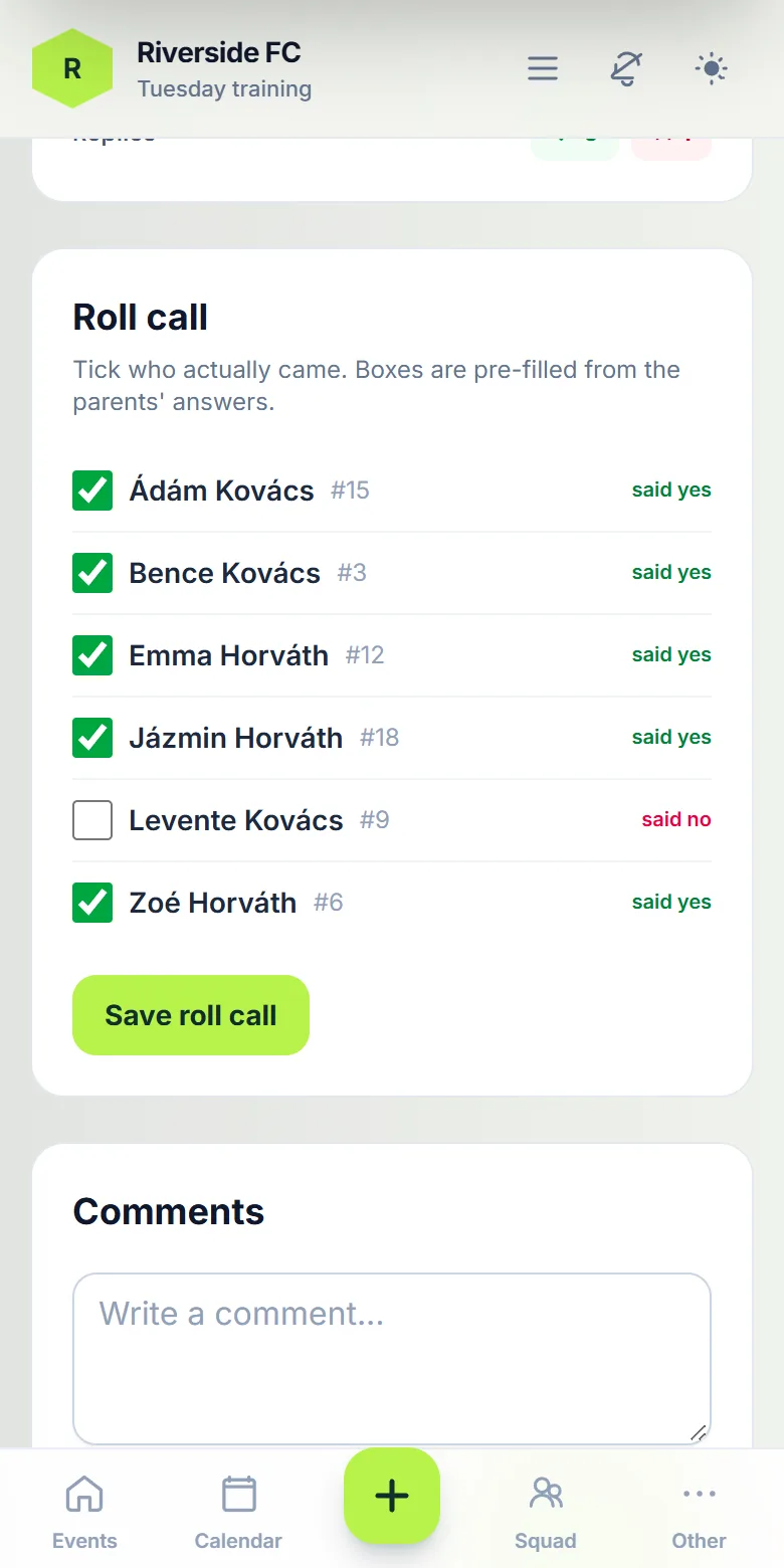 Roll call pre-filled from the parents’ answers